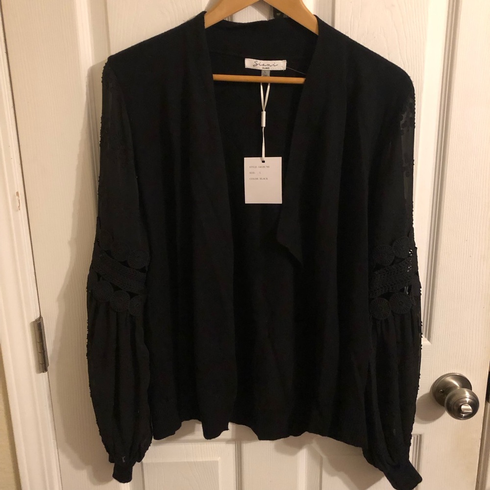 Black cardigan Sweater with Lace Sleeves